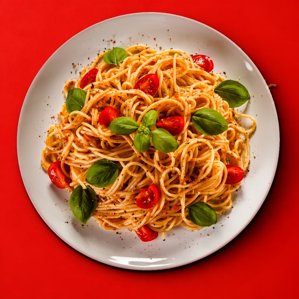 Tallerken med spaghetti, cherrytomater og basilikum mod en rød baggrund